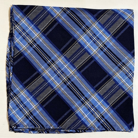 100% SILK MEN’S POCKET SQUARE HANKIE — ELEGANT CLASSIC COBALT BLUE PLAID - Picture 6 of 8